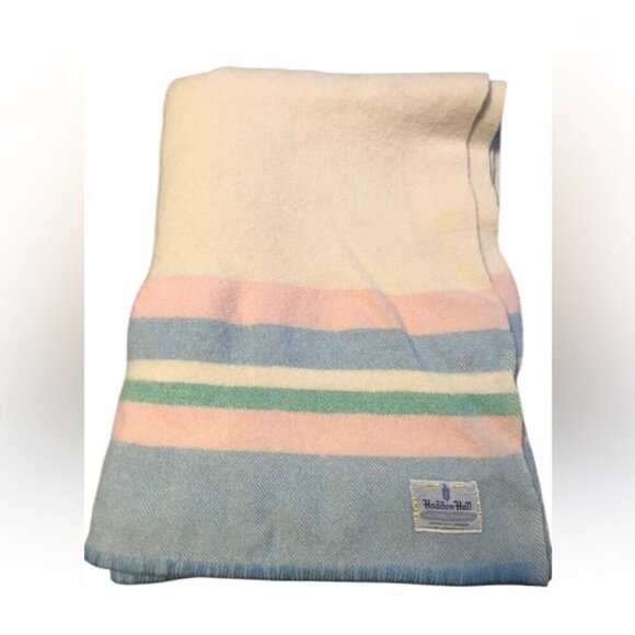 eatons canada Other - Vintage Haddon Hall All Wool Blanket, Cream/ Pink/Green/Blue Striped